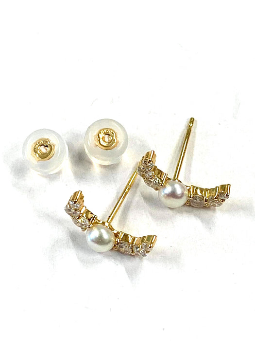 NO BRAND Pearl Crescent Diamond Stud Earrings