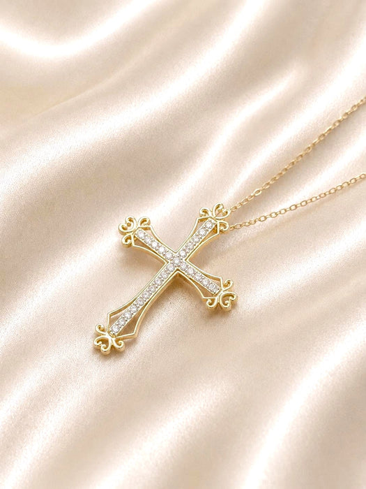 NO BRAND Cross Two-Tone Diamond Necklace