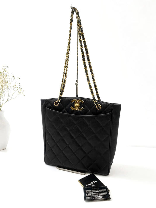 CHANEL CC Quilted Caviar Turn Lock Tote Bag