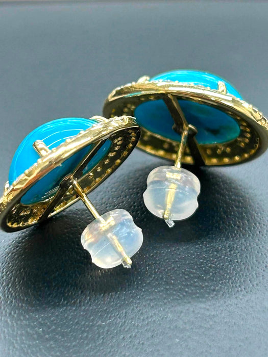 NO BRAND Turquoise & Diamond Oval Stud Earrings