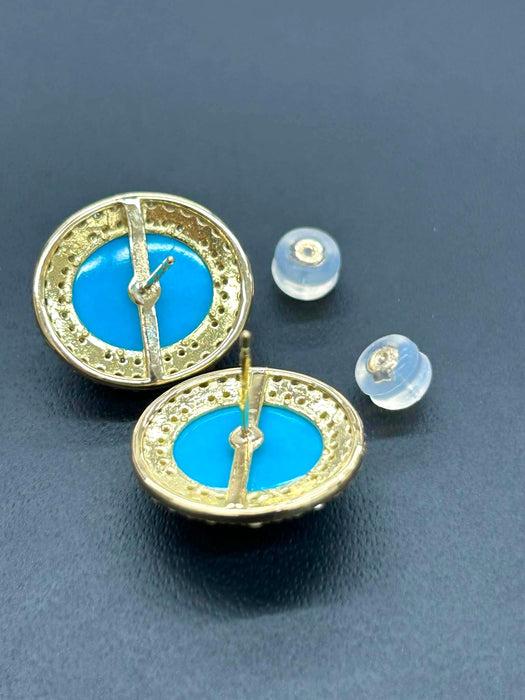 NO BRAND Turquoise & Diamond Oval Stud Earrings