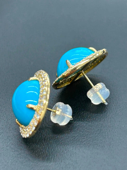 NO BRAND Turquoise & Diamond Oval Stud Earrings