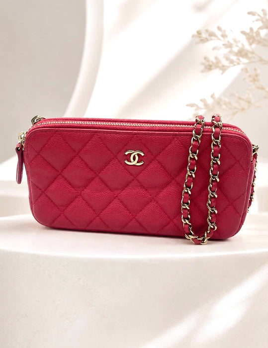 CHANEL CC Double Zip Quilted Clutch Chain Shoulder Bag