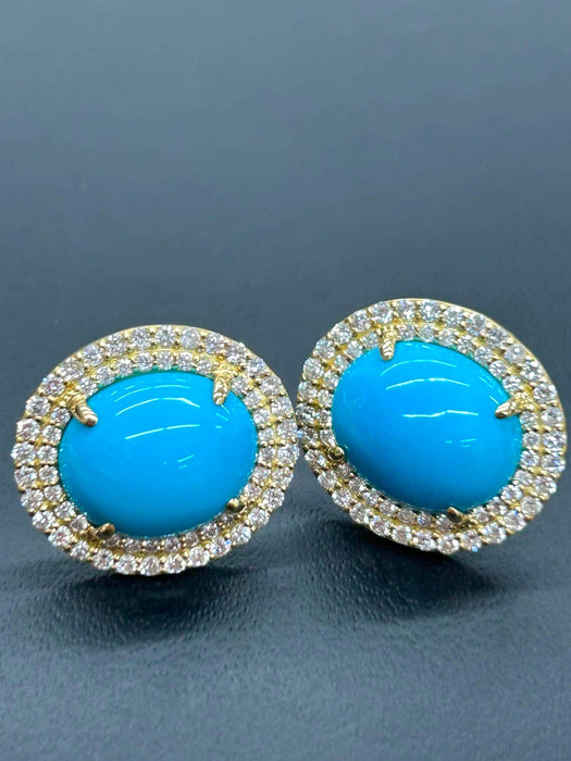 NO BRAND Turquoise & Diamond Oval Stud Earrings