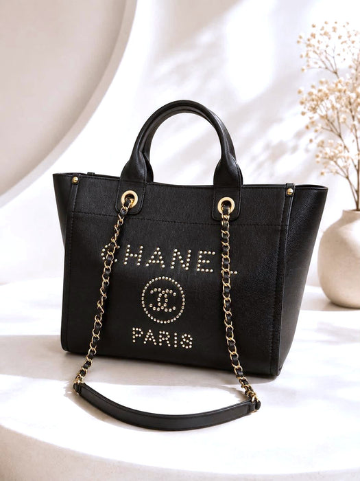 CHANEL Deauville Studded Black Caviar Leather 2-Way Bag