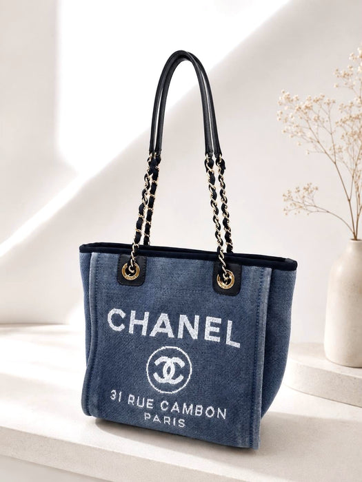 CHANEL Deauville Blue Denim Tote Shoulder Bag
