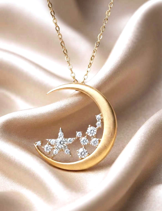 NO BRAND Moon and Star Two-Tone Diamond Necklace