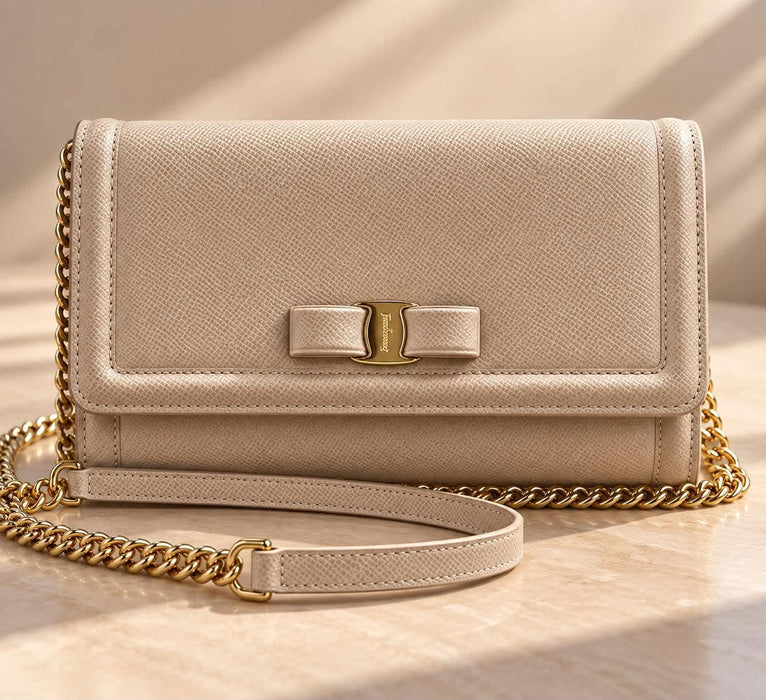 SALVATORE FERRAGAMO Vara Ribbon Beige Chain Shoulder Bag