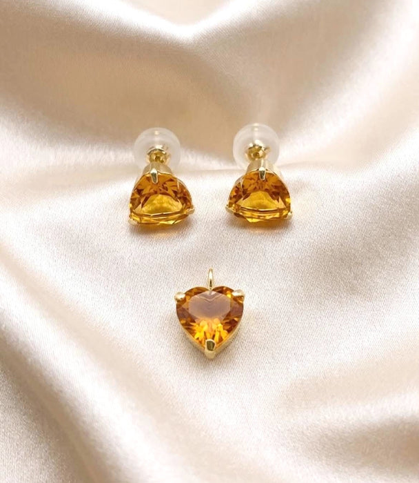 NO BRAND Heart Citrine Top Pendant & Stud Earrings (SET)