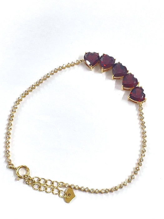 NO BRAND 5P Red Garnet Heart & Diamond Tennis Bracelet