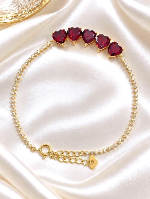 NO BRAND 5P Red Garnet Heart & Diamond Tennis Bracelet