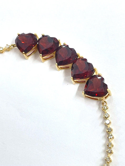 NO BRAND 5P Red Garnet Heart & Diamond Tennis Bracelet