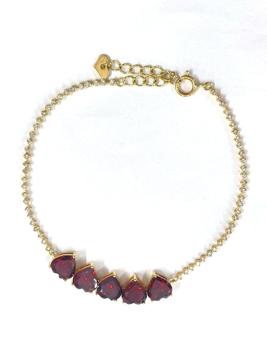 NO BRAND 5P Red Garnet Heart & Diamond Tennis Bracelet