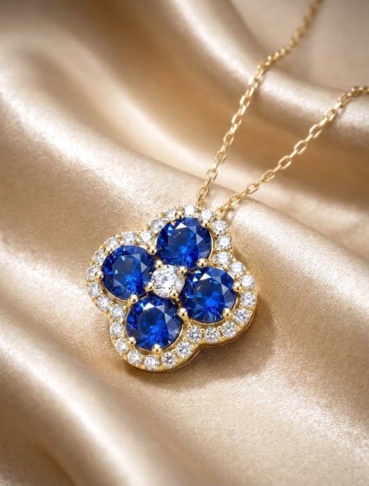 NO BRAND Clover Sapphire & Diamond Necklace