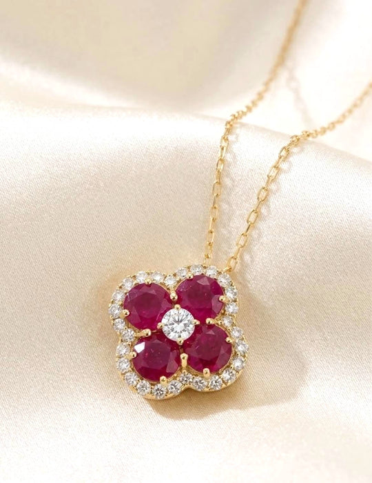 NO BRAND Clover Ruby & Diamond Necklace