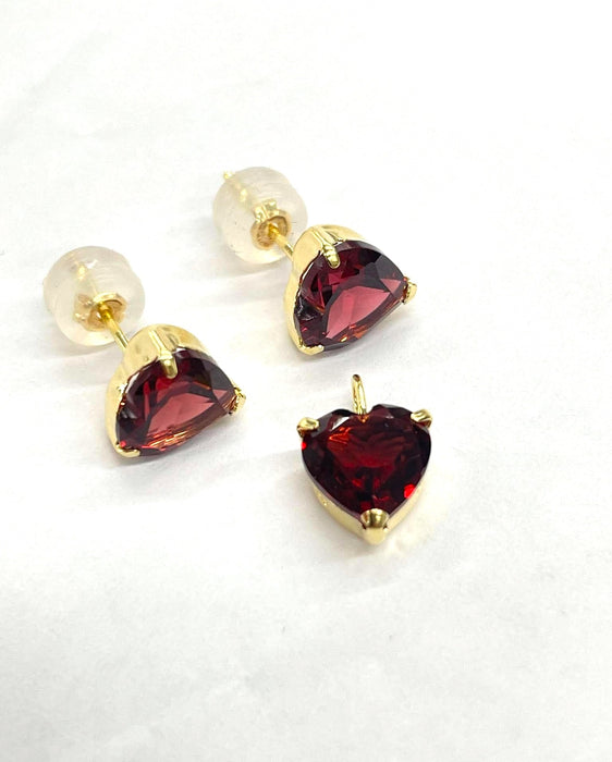 NO BRAND Heart Red Garnet Top Pendant & Stud Earrings (SET)