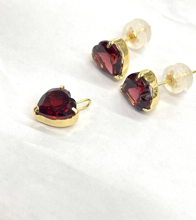 NO BRAND Heart Red Garnet Top Pendant & Stud Earrings (SET)