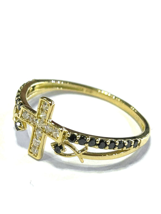NO BRAND Cross & Fish Black & White Diamond Ring