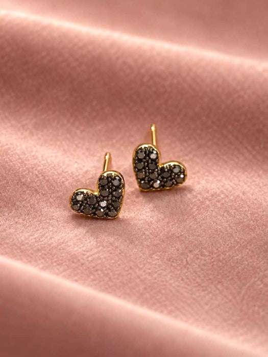 NO BRAND Heart Black Diamond Stud Earrings