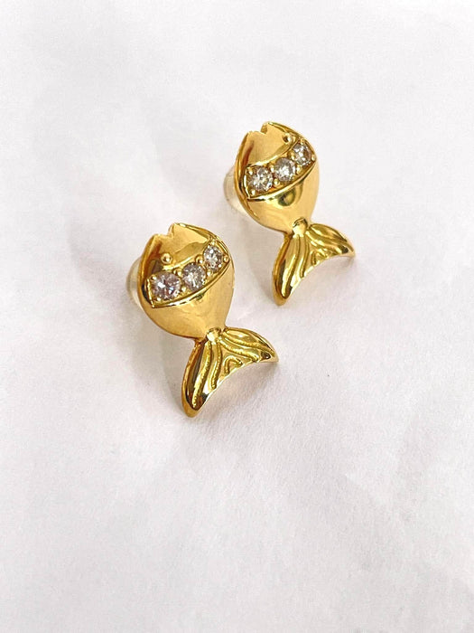 NO BRAND Fish-Shaped 3P Diamond Stud Earrings