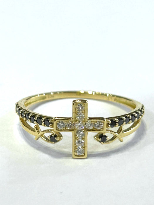 NO BRAND Cross & Fish Black & White Diamond Ring