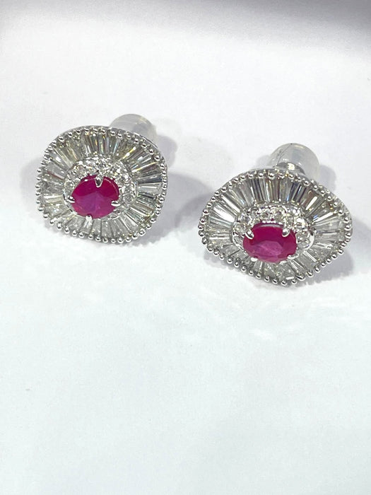NO BRAND Ruby Burma Baguette Diamond Stud Earrings