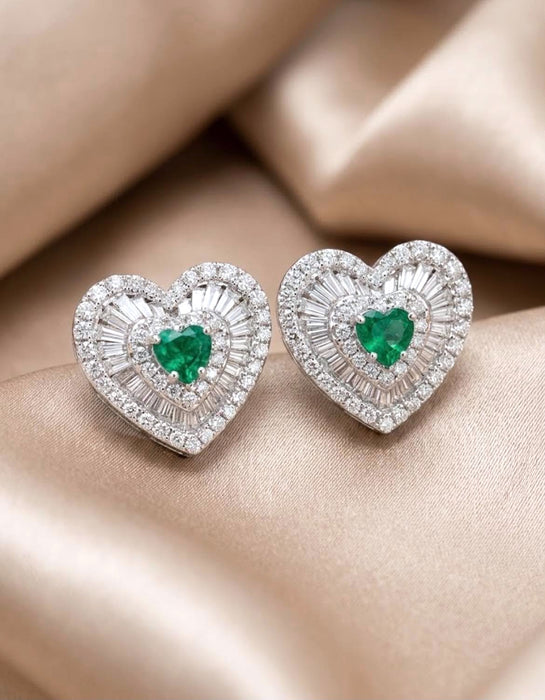 NO BRAND Heart Emerald Baguette Diamond Stud Earrings