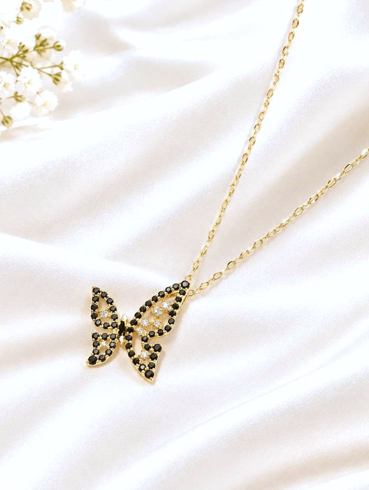 NO BRAND Butterfly Black & White Diamond Necklace