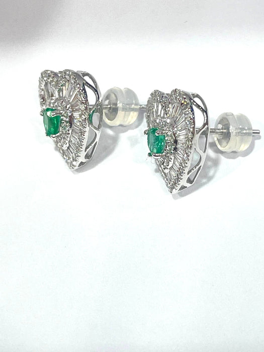 NO BRAND Heart Emerald Baguette Diamond Stud Earrings