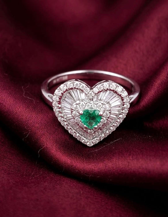 NO BRAND Heart Emerald Baguette Diamond Stud Earring Ring