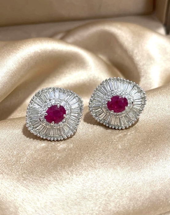 NO BRAND Ruby Burma Baguette Diamond Stud Earrings