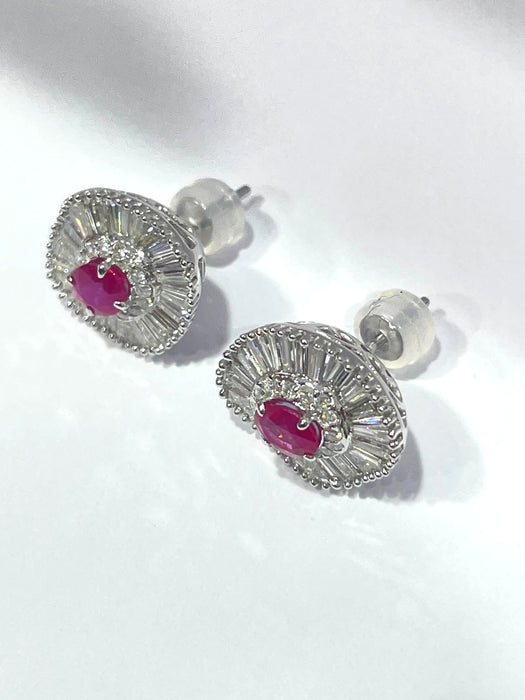NO BRAND Ruby Burma Baguette Diamond Stud Earrings