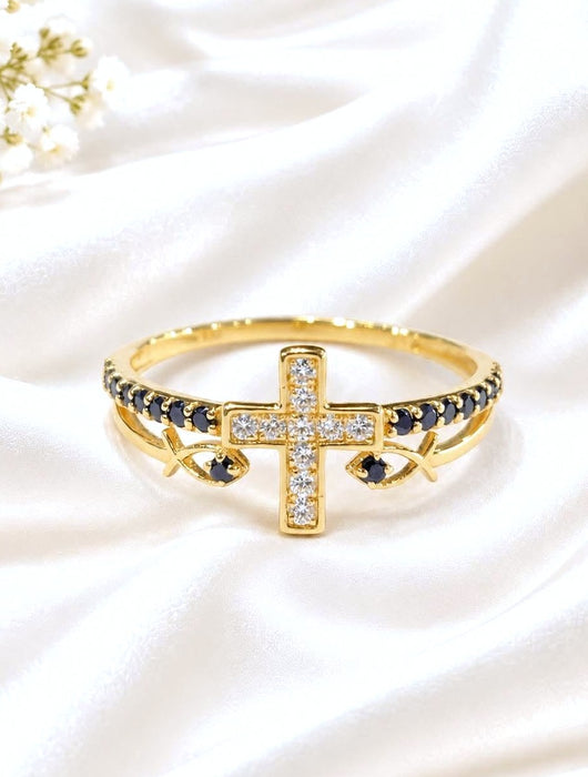 NO BRAND Cross & Fish Black & White Diamond Ring