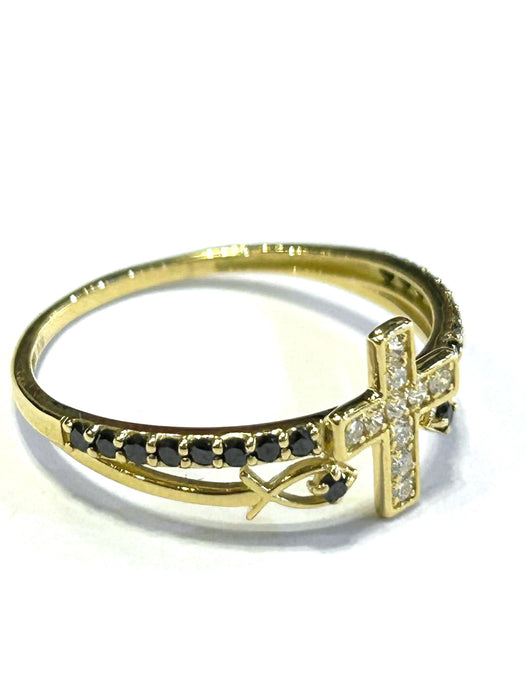NO BRAND Cross & Fish Black & White Diamond Ring