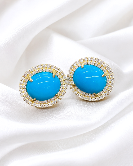 NO BRAND Turquoise & Diamond Oval Stud Earrings
