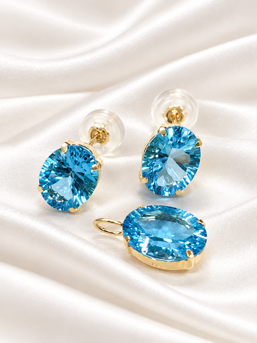 NO BRAND Swiss Blue Topaz Top Pendant & Stud Earrings (SET)