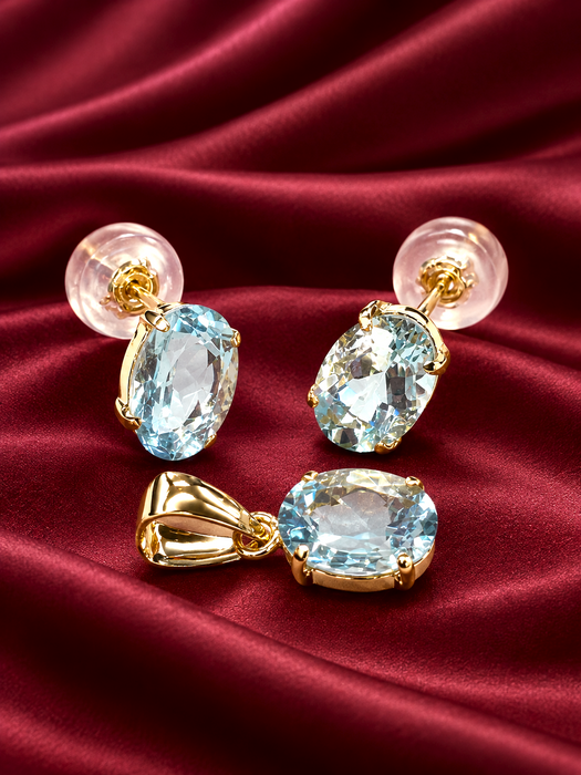 NO BRAND Aquamarine Top Pendant & Stud Earrings (SET)