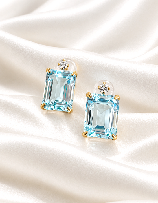 NO BRAND Swiss Blue Topaz & Diamond Stud Earrings
