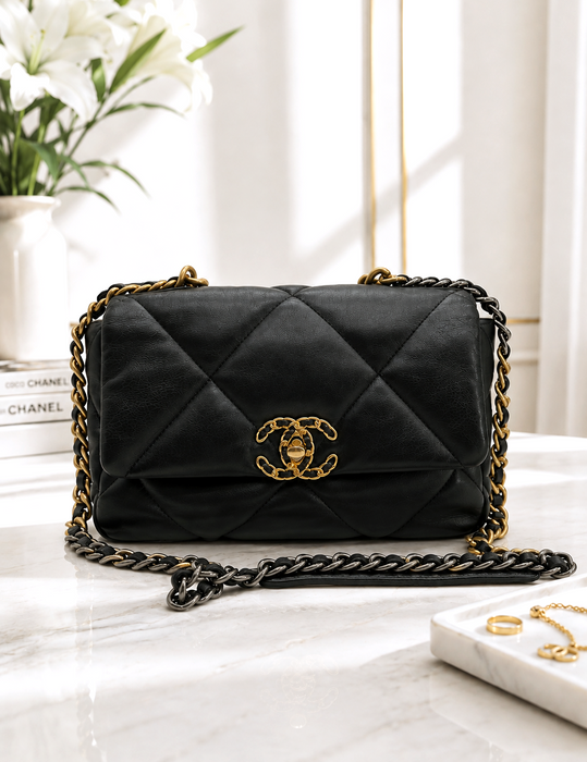 CHANEL 19 Interlocking CC Flap Lambskin Black Chain Shoulder Bag