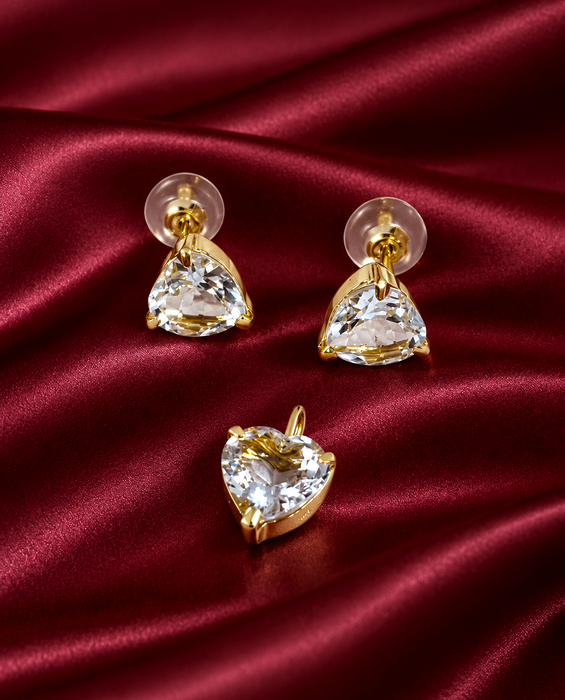 NO BRAND Heart Aquamarine Top Pendant & Stud Earrings (SET)