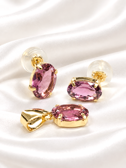 NO BRAND Pink Tourmaline Top Pendant & Stud Earrings (SET)