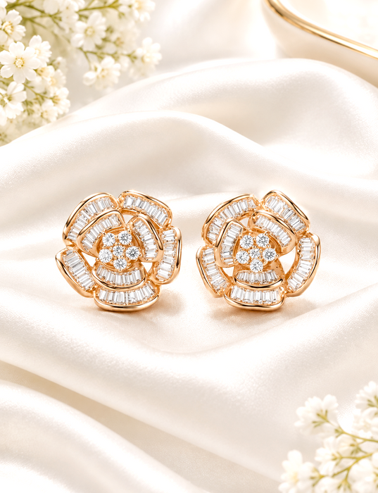 NO BRAND Camelia Baguette Diamond Stud Earrings