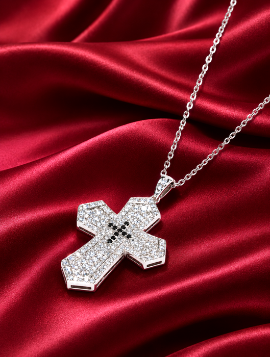NO BRAND Cross Black & White Diamond Necklace