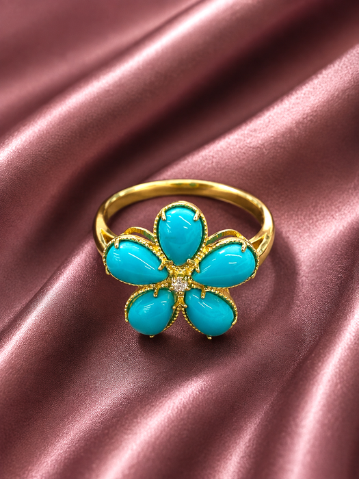 NO BRAND Turquoise Flower 1P Diamond Ring